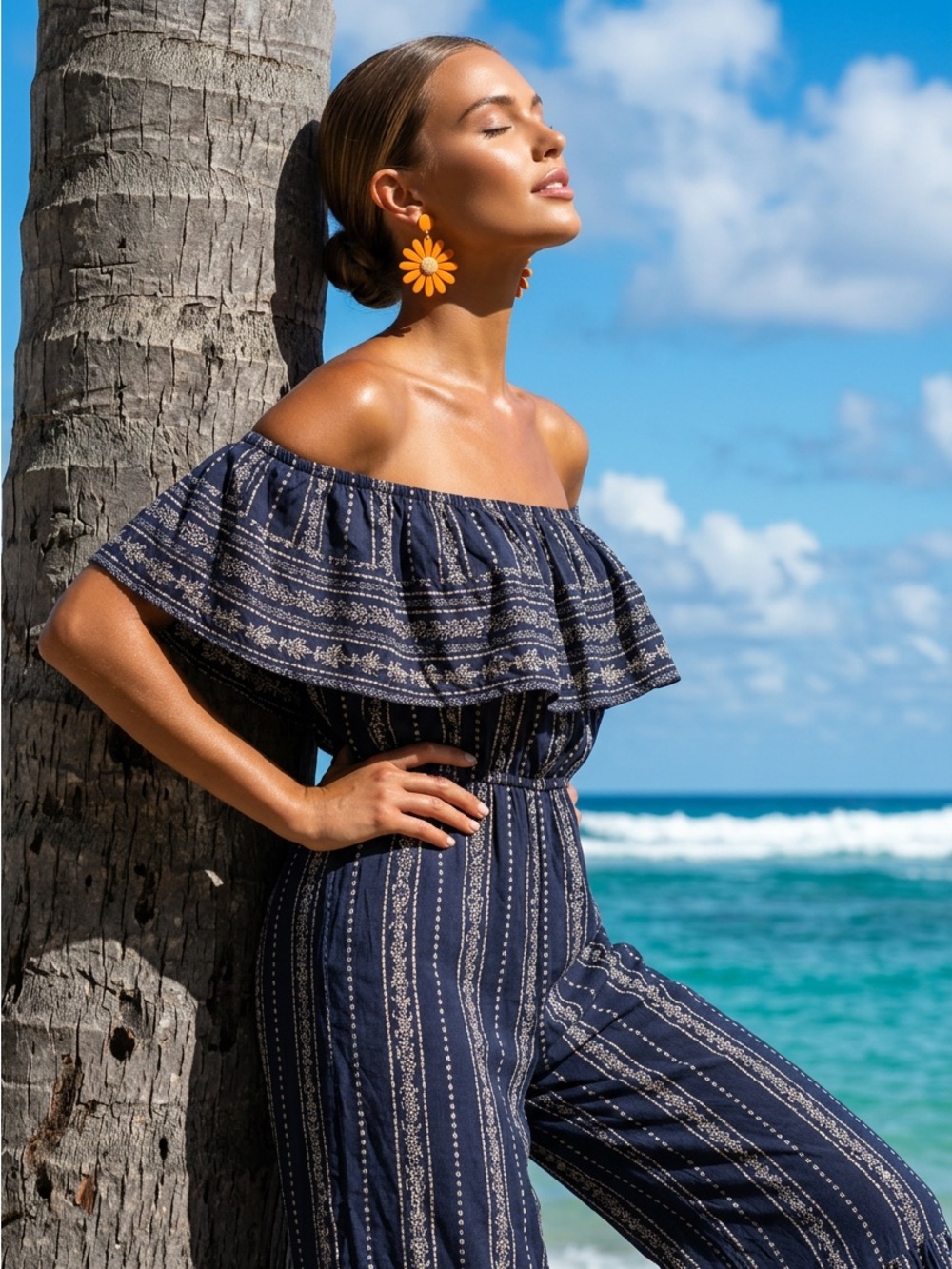 Japna Dark Blue and Cream Striped Jumpsuit